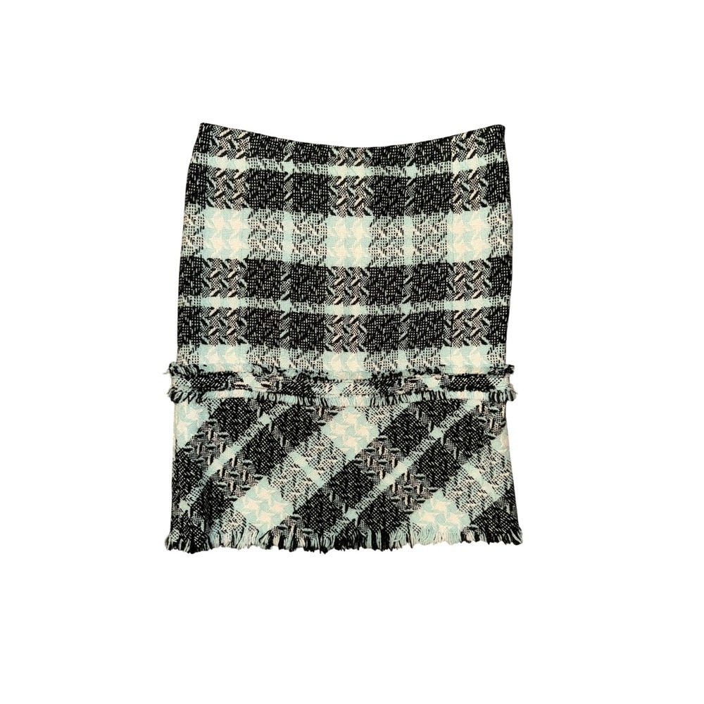 Tuleh Tweed Skirt Womens 8 Black Mint Plaid Silk Lined Fringe Good Mini Skirt